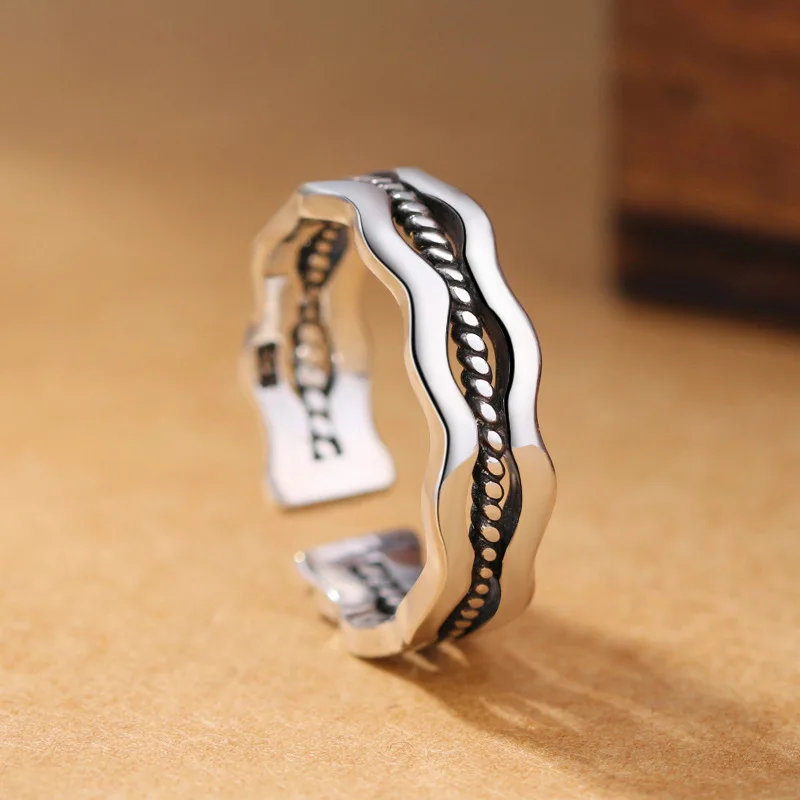

925 Sterling Silver Retro Curve Wave Ring Thai Silver Open Index Finger Ring Fine Jewelry For Women Party Gifts