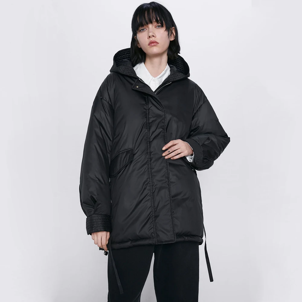 ZA Down Jacket 2019 Fashion Ladies Winter Black Long Hooded Loose Version of Winter Casual Long Cot