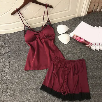 

Sexy Women Sleepwear Womens Sexy Satin Sling Sleepwear Lingerie Lace Nightdress Underwear Set Women Sleep wear Pijamas N12