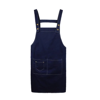 

Solid Color Canvas Work Catering Apron with Three Pockets Adjustable Shoulder Strap and Belt-Blue