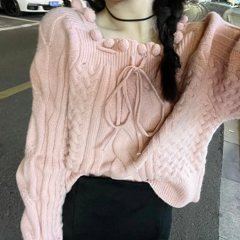 

Sweet Twist Knitted Sweater Retro Slash Neck Lace-up Bow Pullover Harajuku Style Knit Elegant Jumper Sweaters for Women