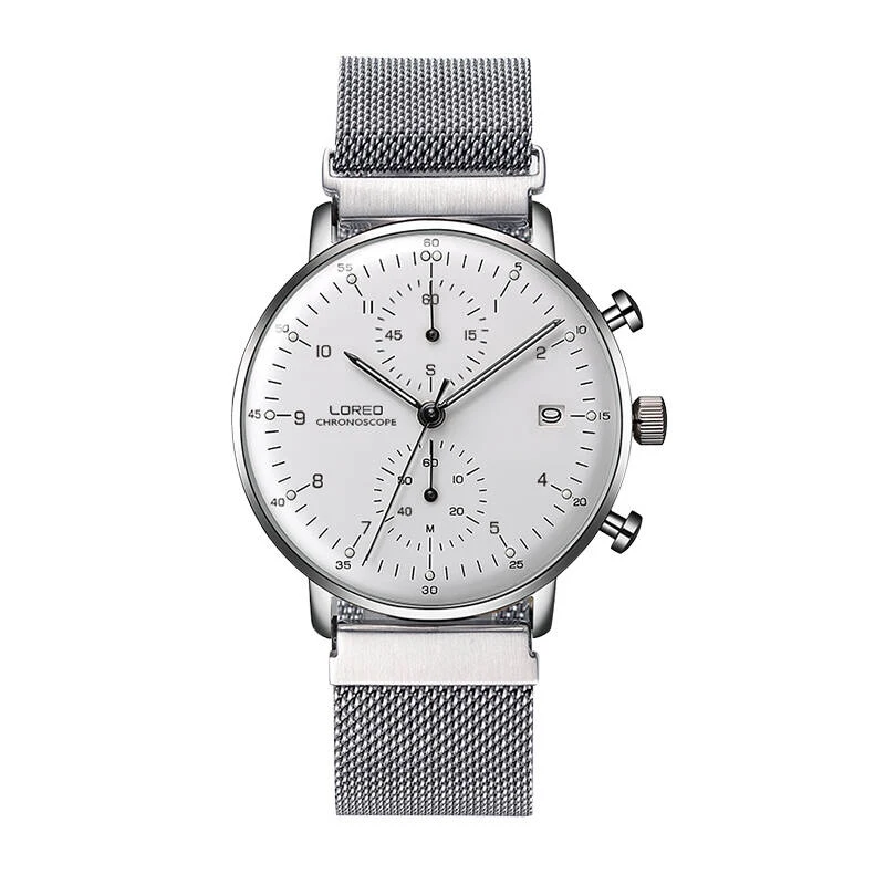 LOREO 6112 Германия Bauhaus часы календарь хронограф relogio masculino из нержавеющей стали мужские спортивные часы - Цвет: white steel