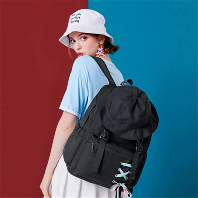 

Female Korean Style High School Bag WIth Fisherman Hat Girl INS Wind Backpack Large Capacity Campus Backpack Ribbon Tie Mochila