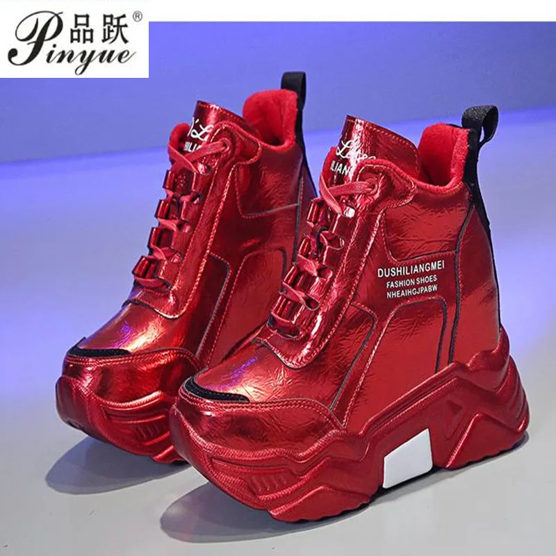 

Winter Platform Sneakers 2020 Leather Fur Casual Shoes Hidden Increasing Chunky Shoes Autumn 9CM High Heels Warm Fur Shoes Women