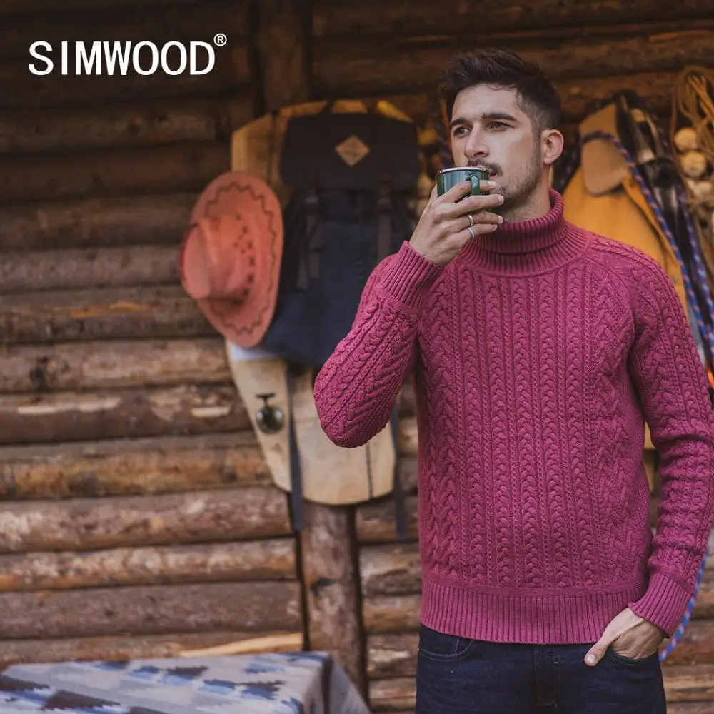 Best SIMWOOD 2019 Autumn Winter New Cable Knit Turtleneck Sweater Men Warm Knitwear Plus Size high quality brand clothing SI980729