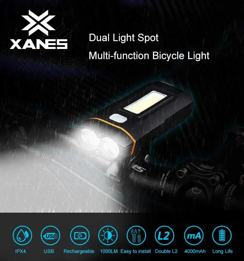 XANES DL04 1000LM Dual T6 Bike Headlight Rechargeable COB Front Light Phone Charging Powered Bank Car Lamp Lantern LED Torch