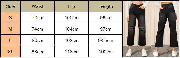 Dropshiping Trend Women Newest Black Straight Wide Leg Denim Trousers Ladies High Waist Stylish Hole Loose Long Pants Bottoms