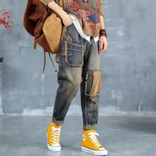 Новые джинсы женские s мыть вышивка рваные джинсовые брюки женская мода молния с эластичной резинкой на поясе ковбойские шаровары большие размеры