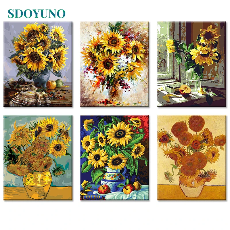 SDOYUNO 60x75cm Frame DIY Painting By Numbers Kits Sunflowers Abstract