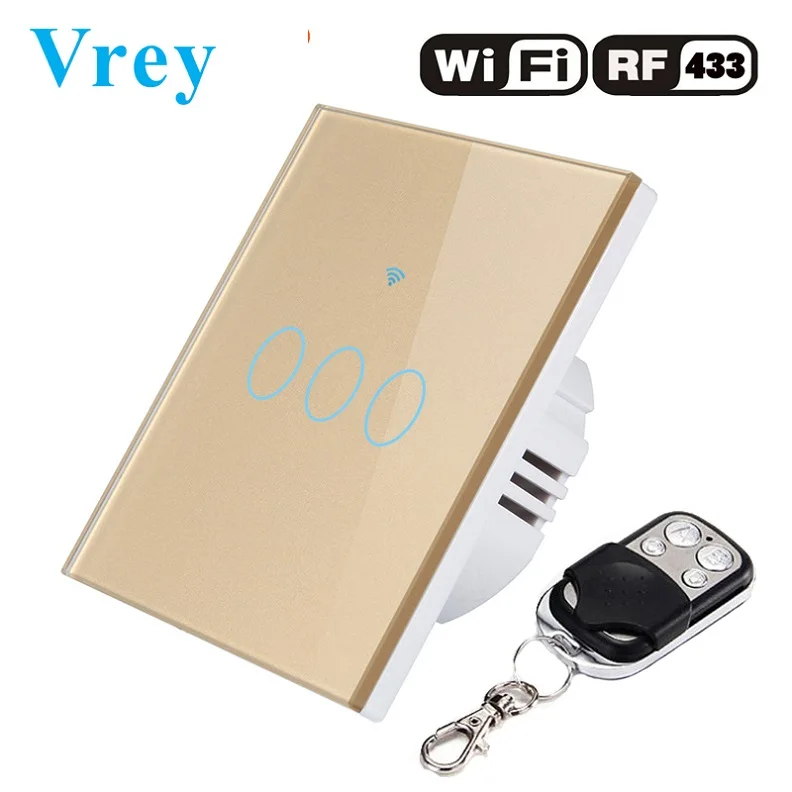 Vrey EU WiFi APP сенсорный выключатель 3 банды 110-240 В настенный светильник сенсорный экран переключатель, Кристальное стекло переключатель панель и пульт дистанционного управления