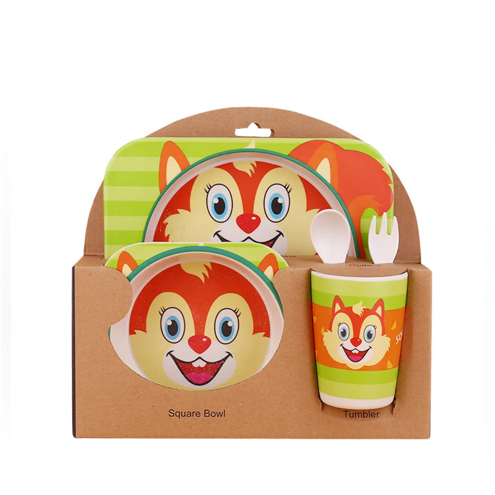 5Pcs/Set Bamboo Tableware Baby Dishes Children Cartoon Feeding Dishes Kids Natural Bamboo Fiber Dinnerware With Bowl Fork Cup - Цвет: PJ4036A4
