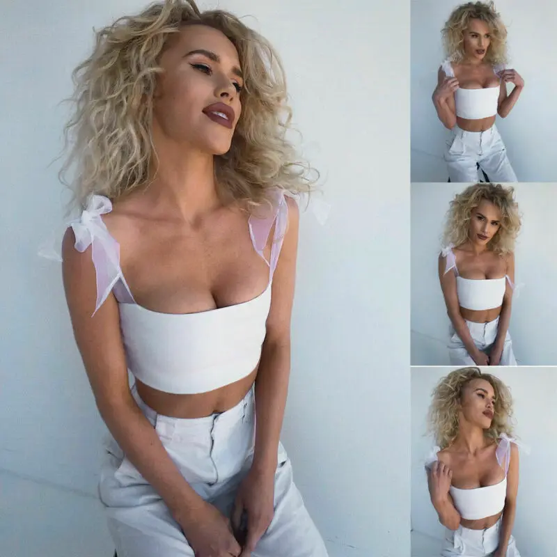 

2019 Women Strappy Mesh Sling Tied Shoudler Tank Camis Vest Summer Sexy Stretch Basic Short Crop Tops Camis Tees Modern Ladies
