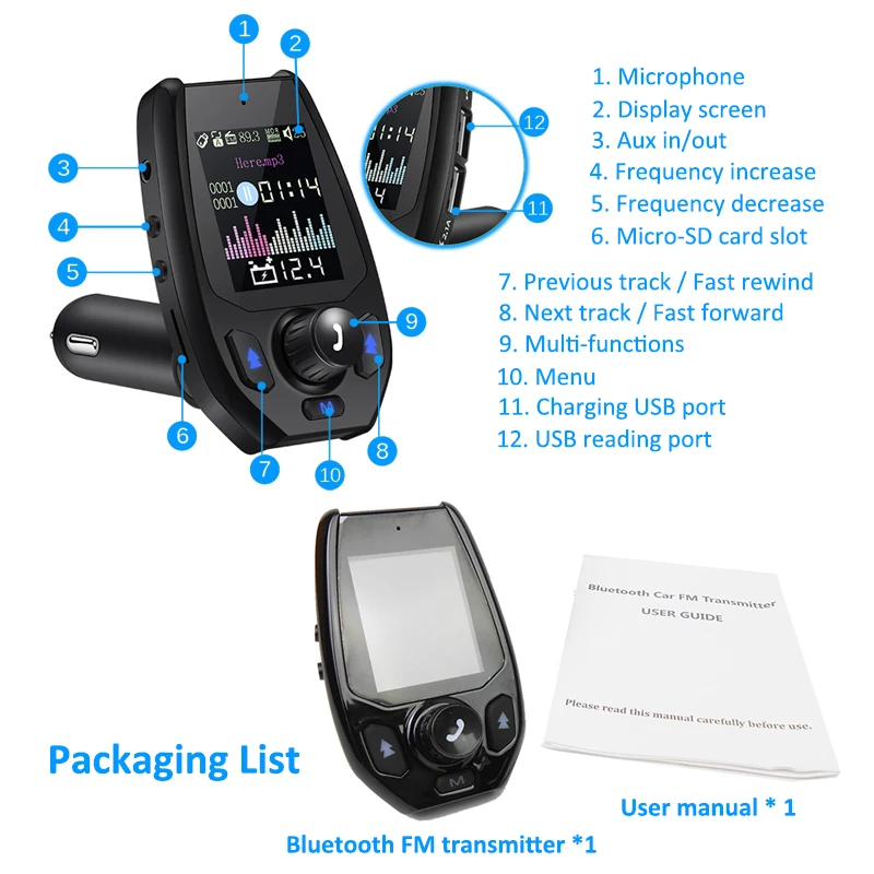 PHYEEE Bluetooth FM модулятор Автомобильный MP3-плеер Зарядка через USB Handsfree SD Aux 1." Цветной экран