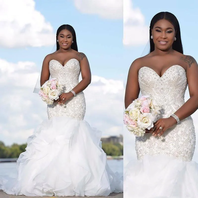 

African Beaded Ruched Ruffles Pleat Mermaid Wedding Dresses Simple Sweetheart Neck Sleeveless Chiffon Bridal Gown vestido de noi