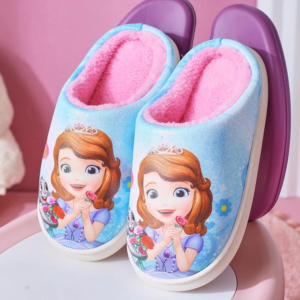Disney Cartoon Children Home Floor Slippers For Girls Little Princess Sophia Prints Winter Indoor Shoes Students Nonslip Slipper