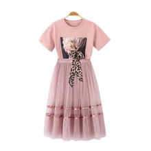  Summer Girls Skirt Set Princess Colthes Children Creativity Leopard Bow T-Shirt Kids Short-sleeve O-Neck Tops +Skirt 2 Pcs Suit 