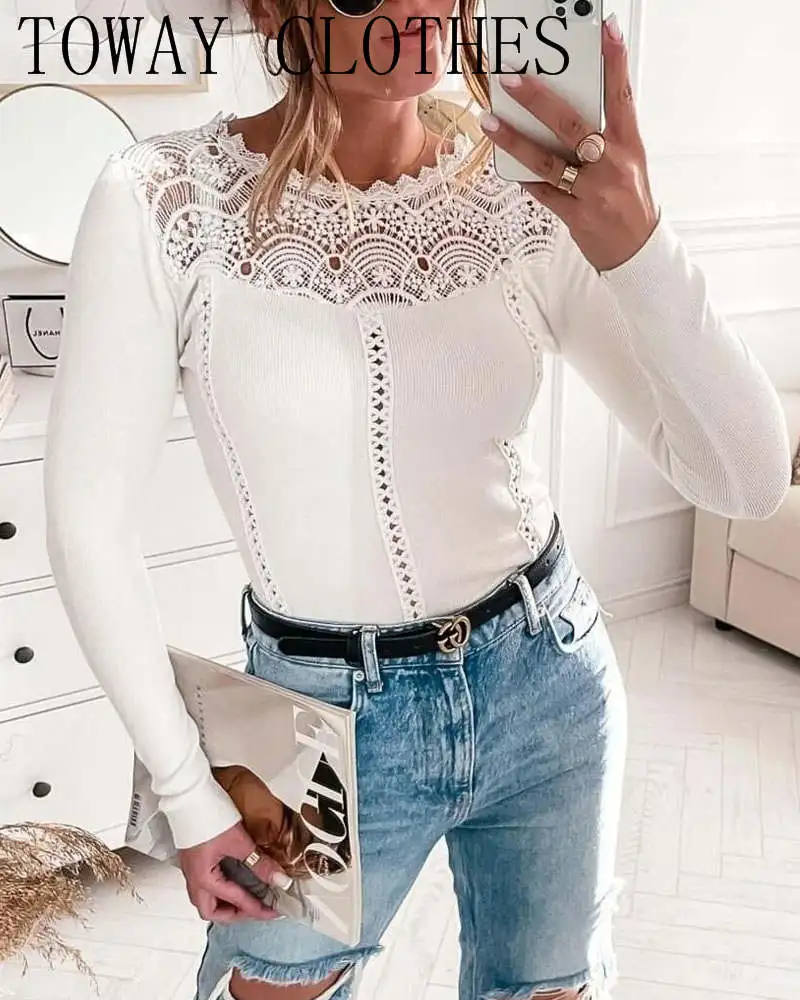 Contrast Guipure Lace Long Sleeve Ribbed Top Shirt Female White Casual Top  Lace Design Insert Blouse - AliExpress
