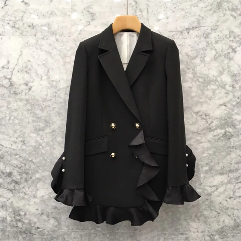 Новые осенние жемчужные серьги с рюшами куртка женская уличная одежда с длинным рукавом с поясом двубортный Блейзер Женский черный костюм пальто - Цвет: Black With belt