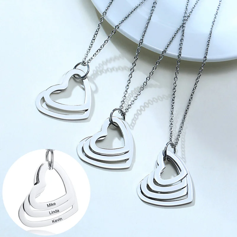 Free Personalized Family Necklace Custom 2/3/4 Names Stainless Steel Triple Heart Engraved Necklaces For Mother Dad Gift