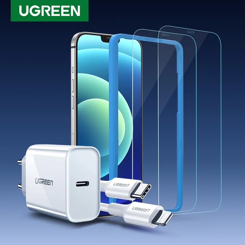 UGREEN PD Fast Charger for iPhone 12 MFi USB C to Lightning PD Charging Cable with 2 Pcs Protective Galsses for iPhone 12