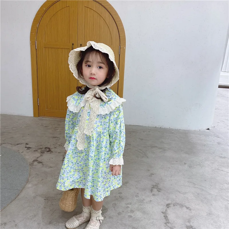 

Spring New Arrival Korean style cotton long sleeve flowers pattern princess sweet dress with big lace collar for cute baby girls