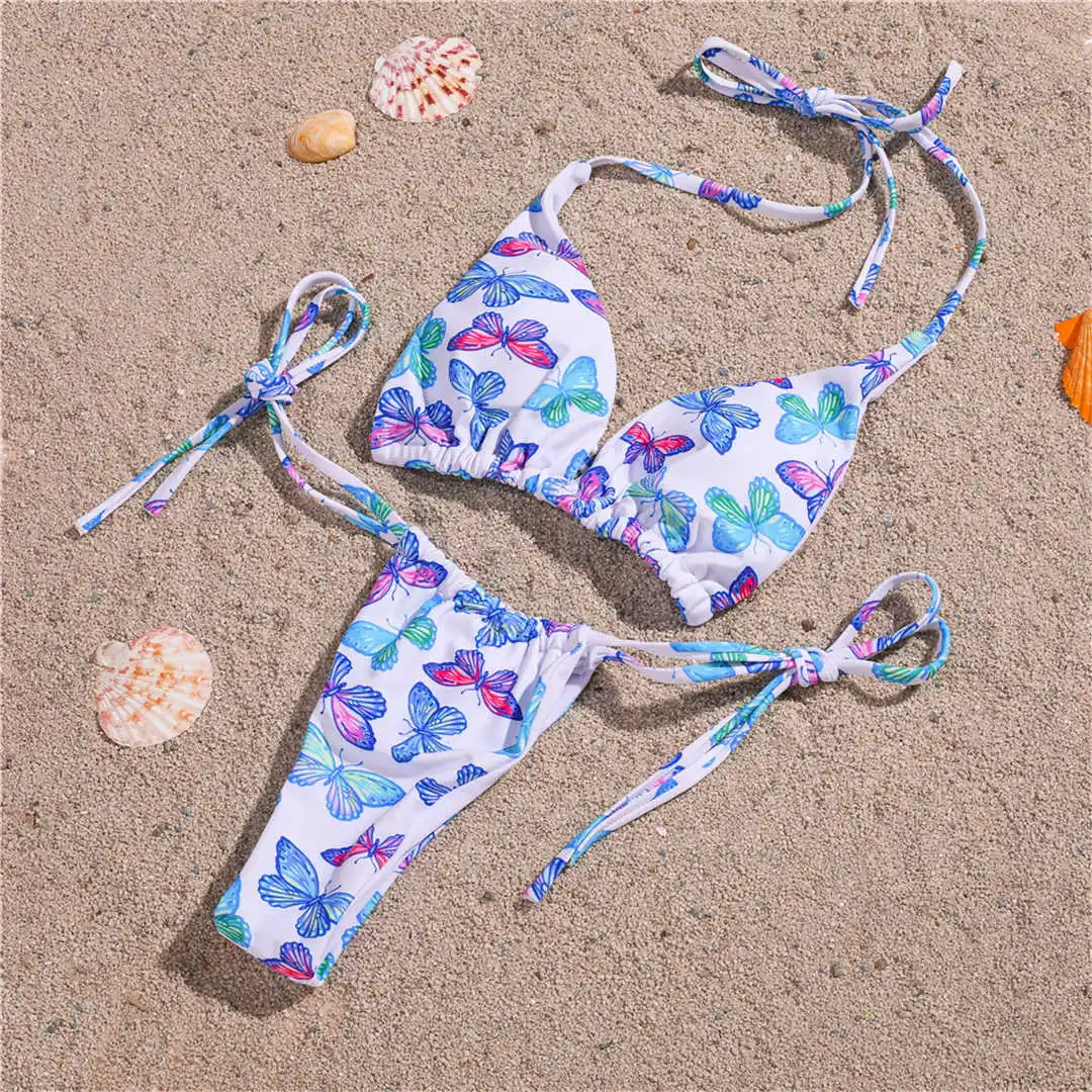 Sexy Butterfly Printed Halter Bikini Women Swimwear Female Swimsuit Two-pieces Bikini set Thong Bather Bathing Suit Swim V2409