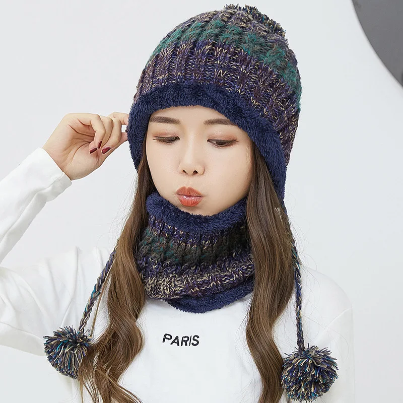 NAVY Fashion Winter Hat Scarf Set For Women Girl Warm Beanies Cap Lady Ring Scarf Pompoms Winter Hats Knitted Caps Scarf 2 Pieces - Цвет: NAVY