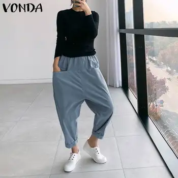

VONDA 2020 Women Elastic High Waist Pants Casual Solid Drop Crotch Harem Pants Plus Size Fashion Long Trousers Loose Bottoms