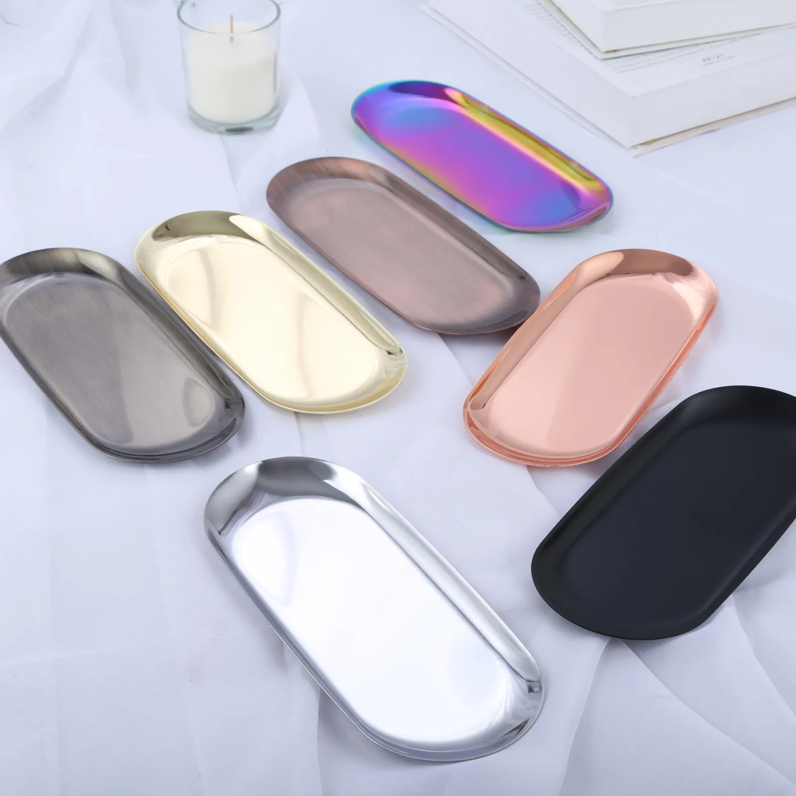 Candle Tray Coaster 1pc Candle Tray Stainless Steel Storage Plate Cosmetics Nordic Style Oval Aromatherapy Small Dish Minimalism Home Decor SPA