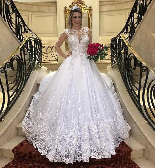 Vestido De Noiva сексуальный, кружевной, с аппликацией из бисера А-силуэта Свадебные платья корт поезд Совок с длинным рукавом свадебные платья