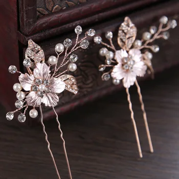 

2 pcs Rose Gold/Silver Color Flower Crystal Simulated Pearl Hair Sticks Clips Hairpins Chinese Wedding Bride Noiva Headpieces