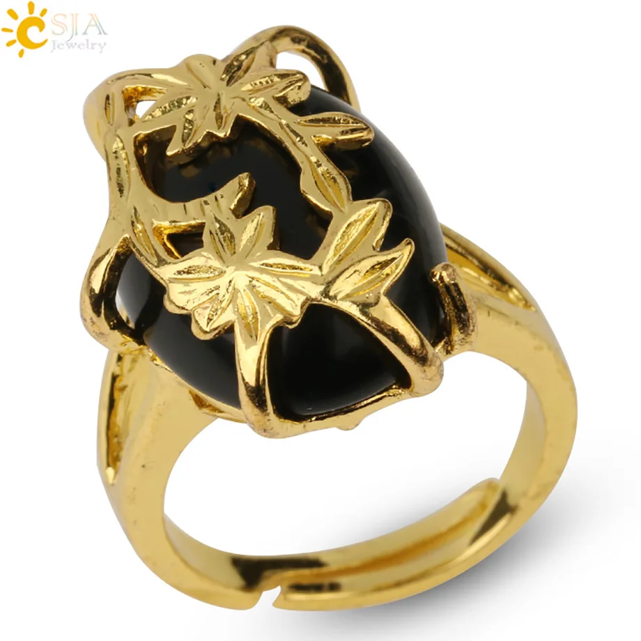 Csja, золотистое кольцо из натурального камня, покрытое цветком, в форме яйца, кабошон, кольца для пальцев для женщин, модные ювелирные изделия, вечерние G245 - Цвет основного камня: Black Onyx