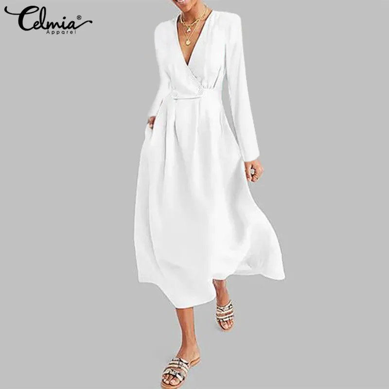 Женское белое платье средней длины с длинным рукавом, модное офисное Плиссированное Платье-рубашка с высокой талией, осень, элегантное платье 5XL