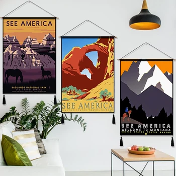 

Yosemite National Park America Vintage Travel Hanging Cloth Cotton Line Painting Poster Home Decor Wall Hanging Tapestry Gift