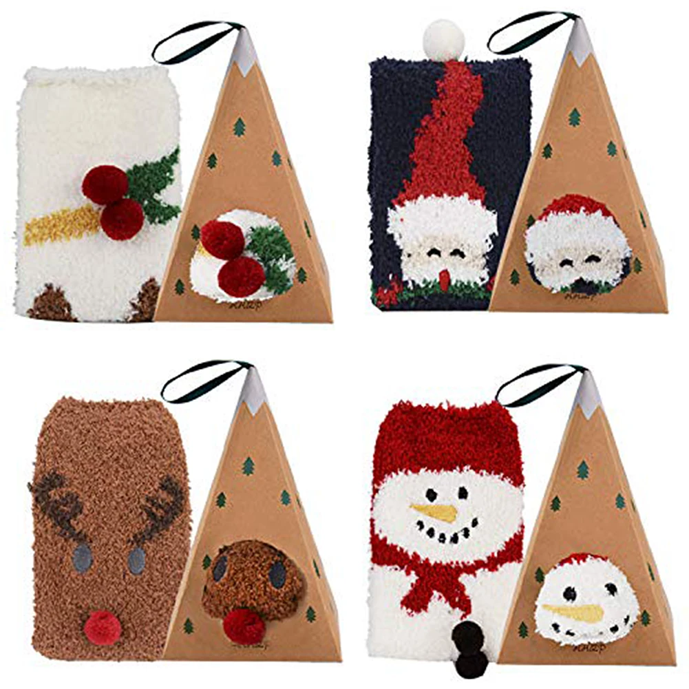 4 Pairs Xmas Sock Holiday Fluffy Plush Slipper Socks Cozy Winter Warm Thick Coral Velvet Soft Bed Floor Sock For Home Gift Decor
