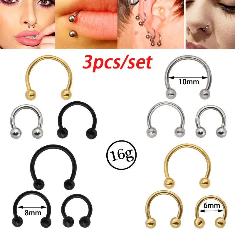 3pcs Stainless Steel Nose Hoop Ring Septum Lip Studs Cartilage Earrings Circular Tragus Ear Piercing Horseshoe Body Jewelry 16G