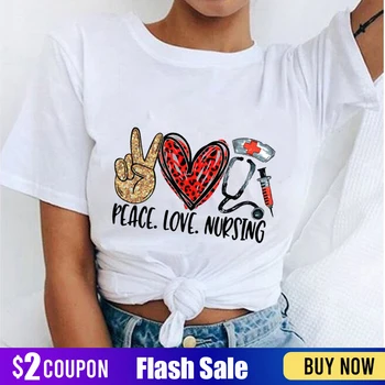 

Peace Love Nursing T-shirt Harajuku Kawaii Funny Tshirt Women Ullzang Graphic Fashion Tshirt Korean Style T-shirt Top Tee Female