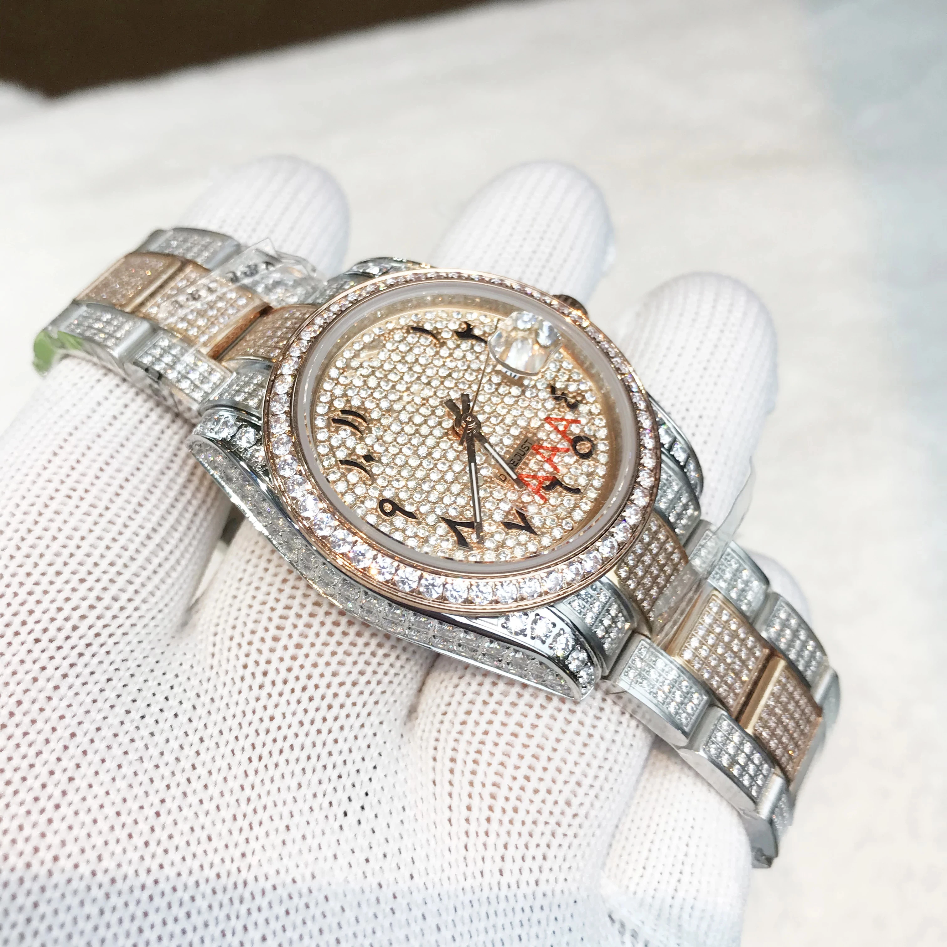 

Designer Rose Gold & Silver Iced out Arabic numerals Luxury Brand Ro-lex watch with box Men automatic self-wind sweeping AAA