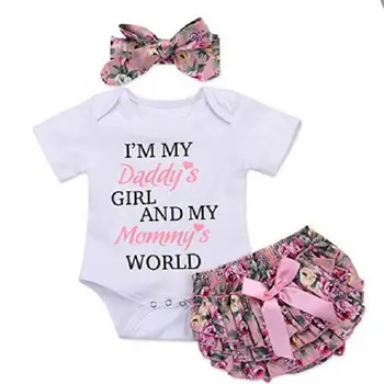 

3pcs/set Summer Suit Cotton Kids Girls Outfit Lovely Color Matching Europe America Printing Romper and Shorts and Headband Baby