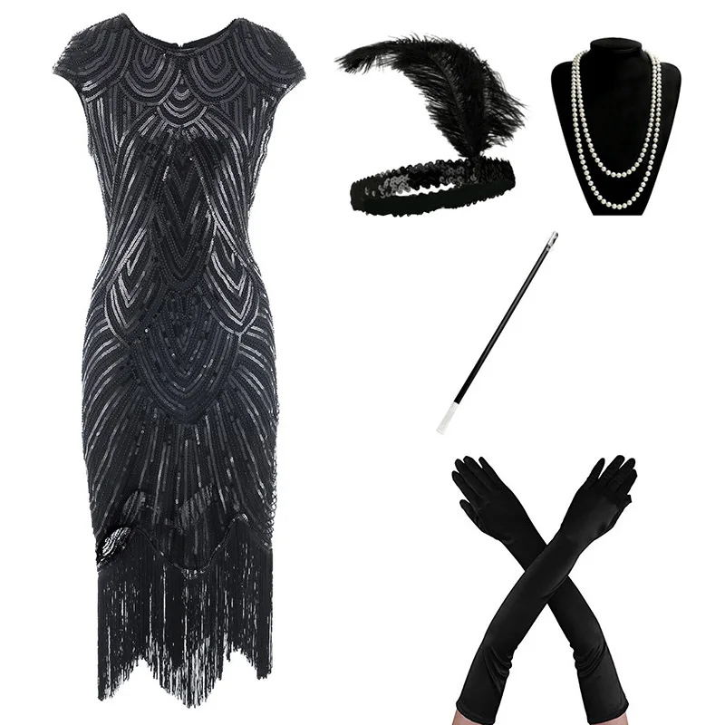 Black Set (A) 1920s Flapper платье Great Gatsby вечерние платья с блестками и бахромой - Цвет: Black Set (A)