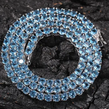 

New Blue Zircon 1 Row Tennis Chain Necklace Hip Hop Iced Out Jewelry Copper Material Men's Women Necklace Link 4mm width