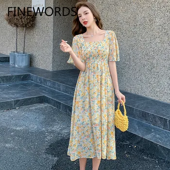 

FINEWORDS Vintage Floral Chiffon Yellow Dress Korean Short Sleeve Elegant Long Dress Square Collar Party Dress Summer Ropa Mujer