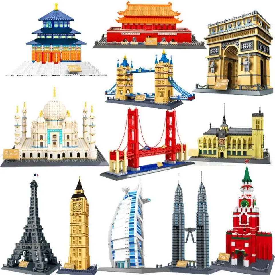 Wange Architecture Taj Mahal Torre Eiffel Coppia Louvre London Big Ben Tower Bridge Russia New York Model Building Blocks Toys