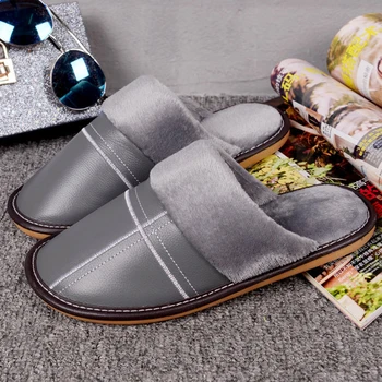 

Men leather slippers Winter shoes Unisex waterproof Home Slippers man large size plush indoor slippers Male 12 Colors men shoes