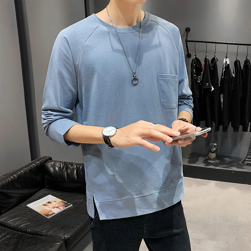 С длинным рукавом Футболка с рукавами мужской однотонный цвет Круглый воротник