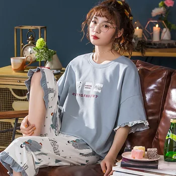 

Pajamas Suit, Female Summer Cotton Short-Sleeved Cropped Pants Korean-Style Large Casual Thin Leisure Tops Summer