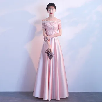 

Holievery Pink Lace Satin Off Shoulder Evening Dresses 2020 Short Sleeves Long Evening Gowns Floor Length Party Dress