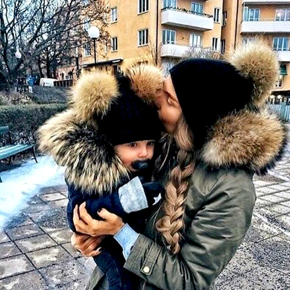Зимняя теплая шапка для мамы, ребенка, дочки и сына, семейная вязаная шапка с меховым помпоном