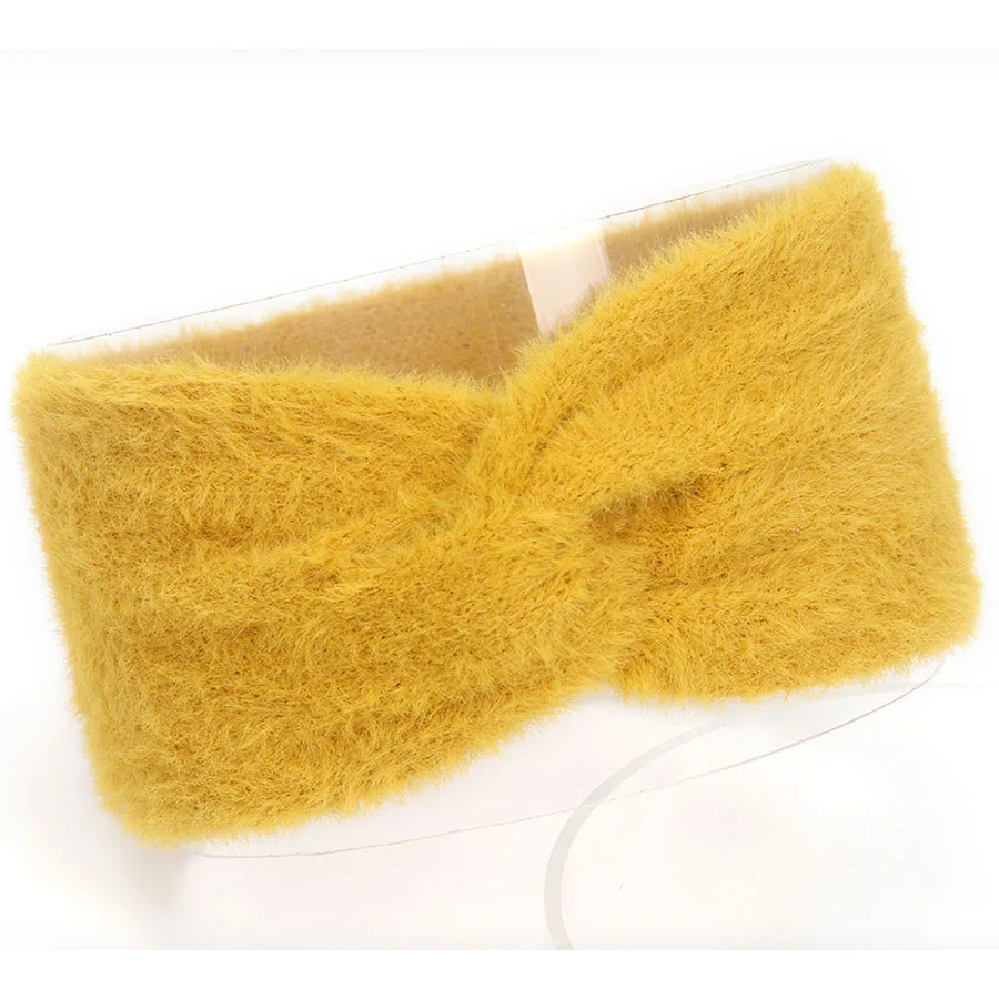 Haimeikang Knot Headbands Autumn Winter Imitation Mink Cashmere Solid Fluffy Bow Hairbands Simple Handmade Warm Women's Headband - Color: Yellow