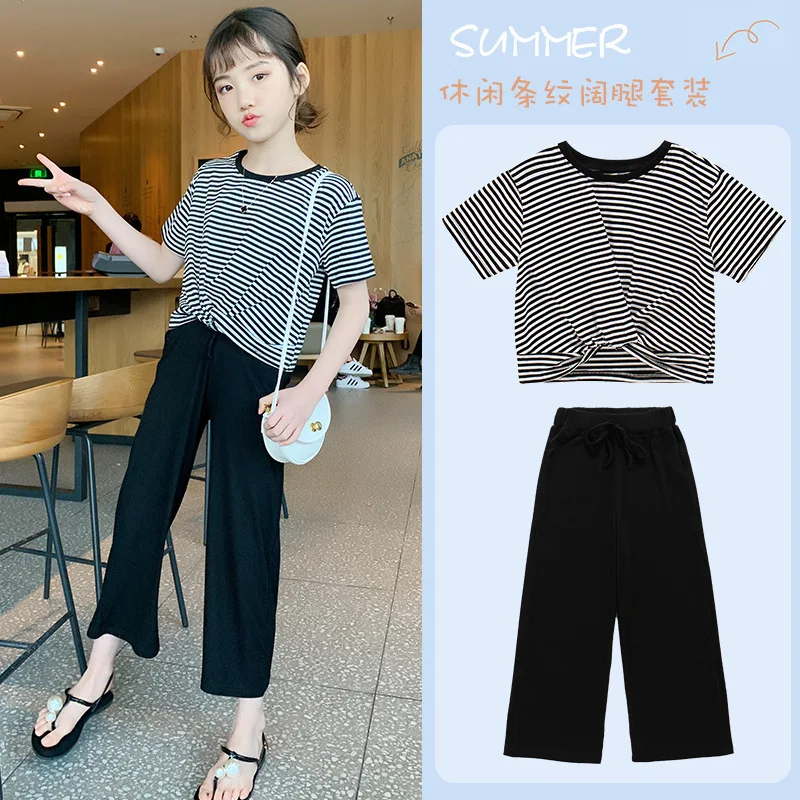 

Girls Wide Leg Pants Suit Summer Western Style Children zhong da tong Korean Version of the Loose Movement Striped Piece Tide